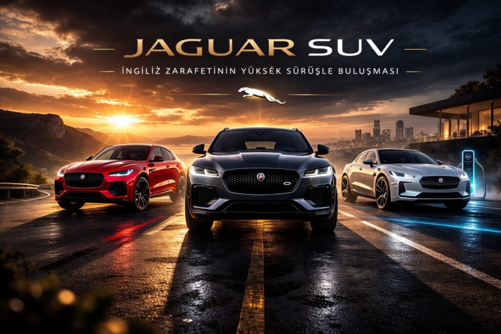 Jaguar SUV modelleri F-Pace, E-Pace ve I-Pace ön görünüm gece çekimi